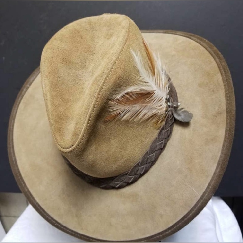 Weston San Francisco sueder leather cowboy hat braided band feathers 11 M